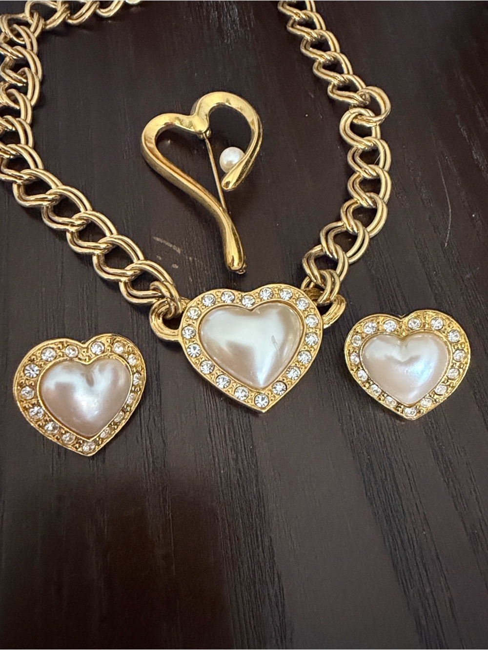 Avon Gold-Tone Necklace with Pearlized Heart Pendant and Earrings